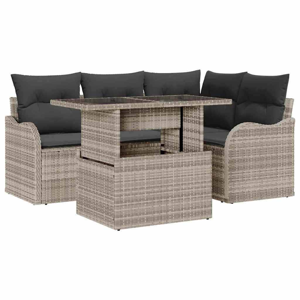 Outdoortisch-Set mit Kissen 5 pcs Hellgrau Poly Rattan