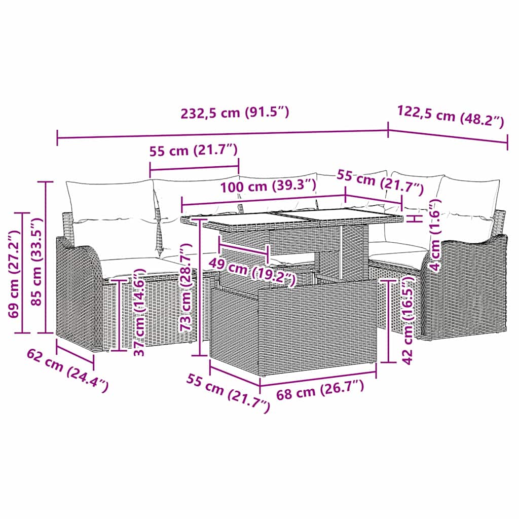 Essgruppe mit Kissen 6 pcs Schwarz Poly Rattan
