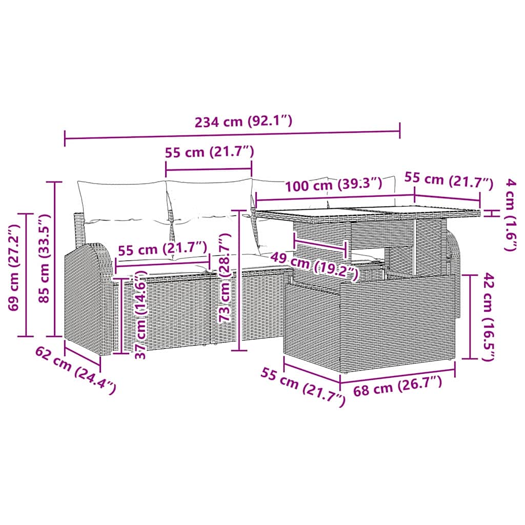 Gartensofa-set mit Kissen 5 pcs Braun Poly-Rattan