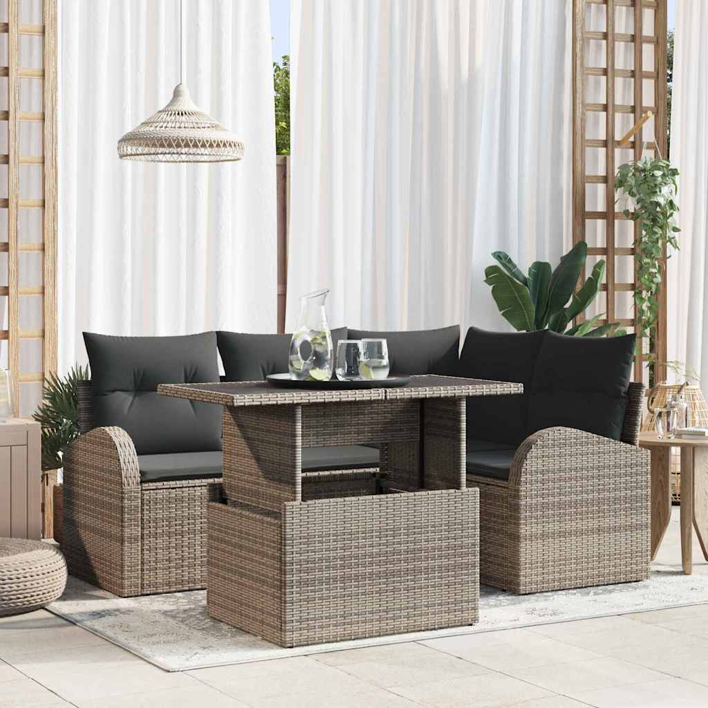 Garten-Sofa-Set mit Kissen 5 pcs Grau Poly Rattan