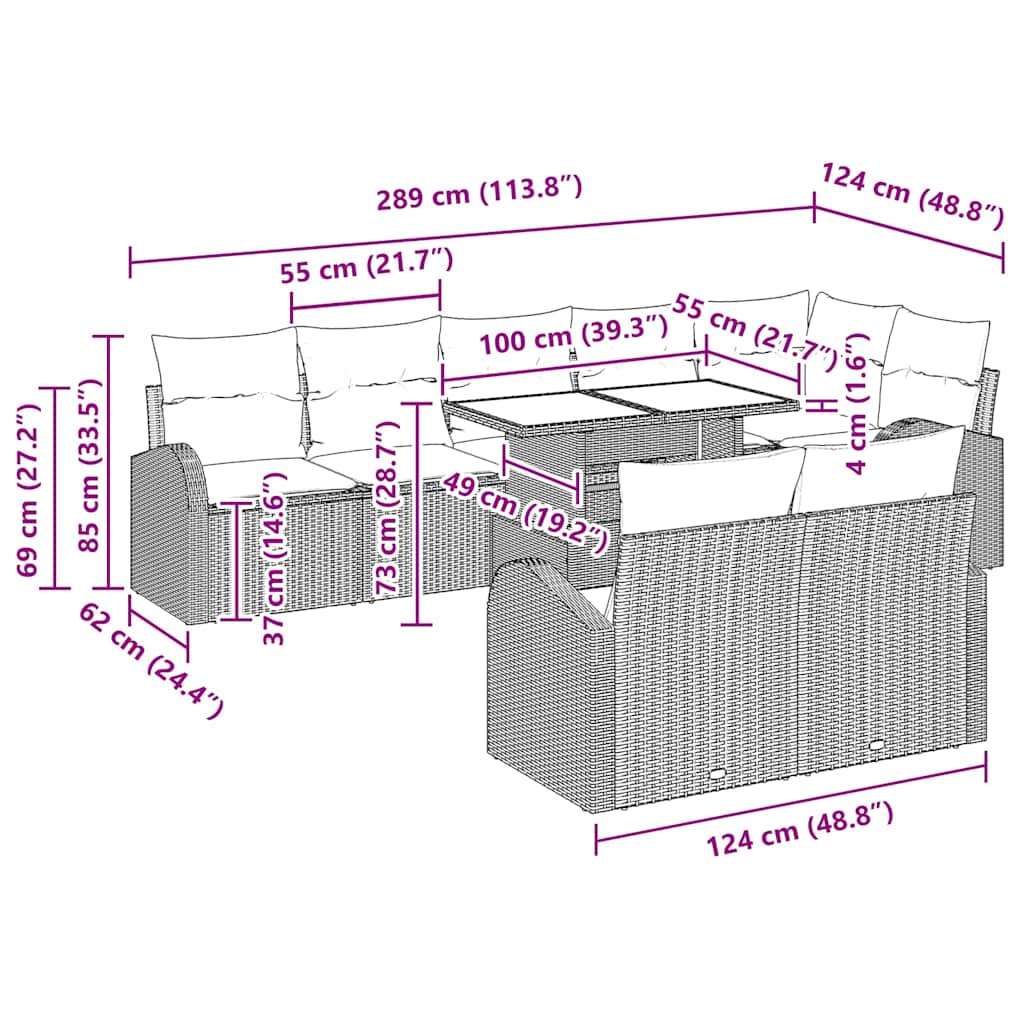 Gartensofa-set mit Speicher mit Kissen 9 pcs Grau Poly-Rattan