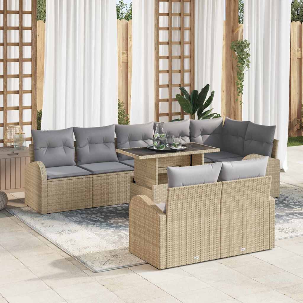 Gartensofa-set mit Kissen 9 pcs Beige und Hellgrau Poly-Rattan