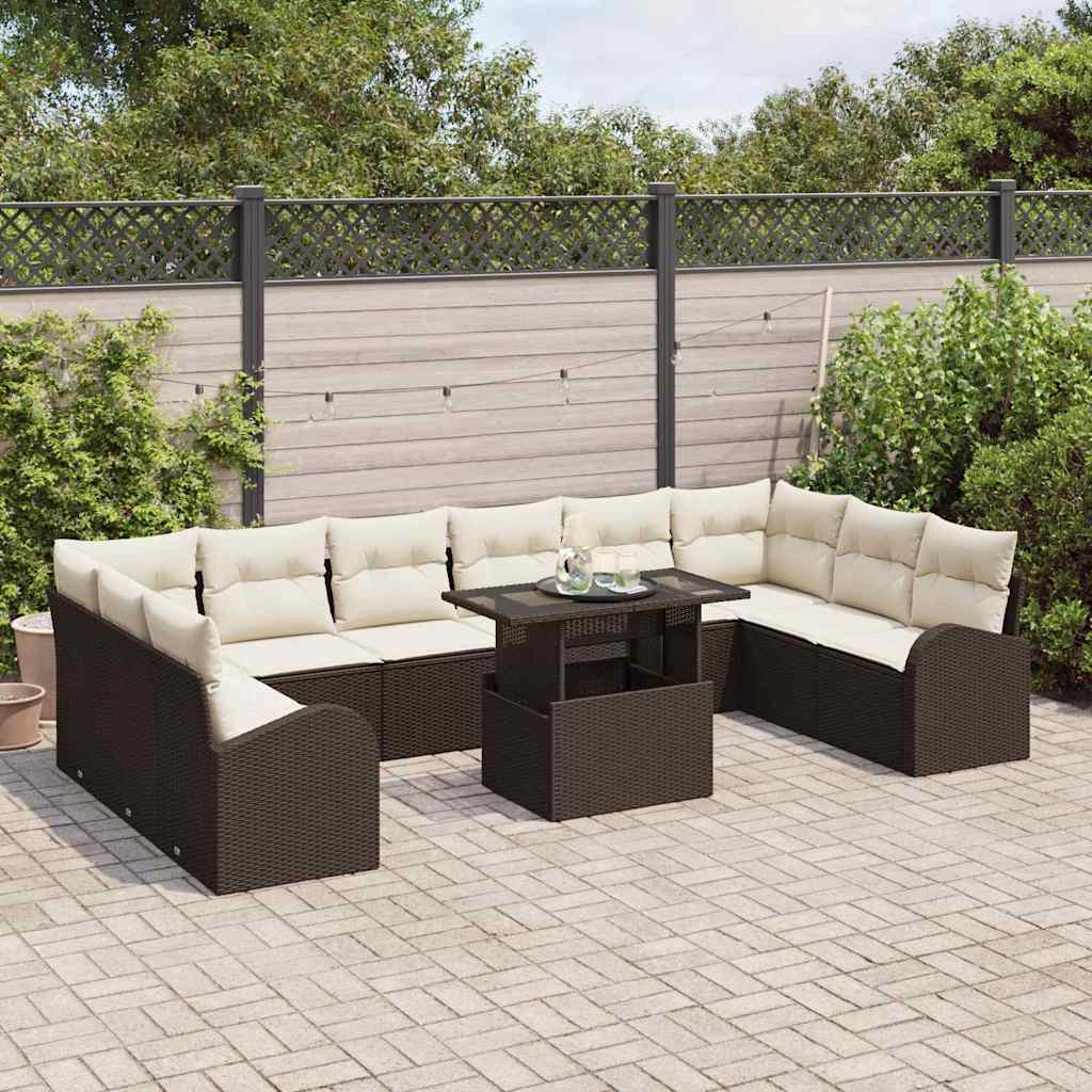 Gartensofa-set mit Speicher 11 pcs Braun und Creme Poly-Rattan