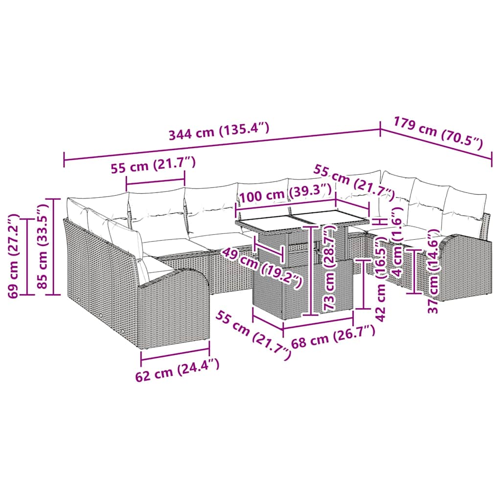 Gartensofa-set mit Speicher 11 pcs Braun und Creme Poly-Rattan