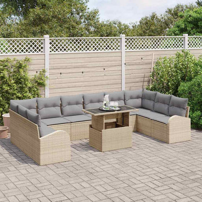 Gartensofa-set mit Kissen 11 pcs Beige und Hellgrau Poly-Rattan