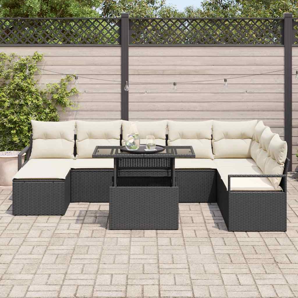 Garten-Sofa-Set mit Kissen 9 pcs Schwarz und Creme