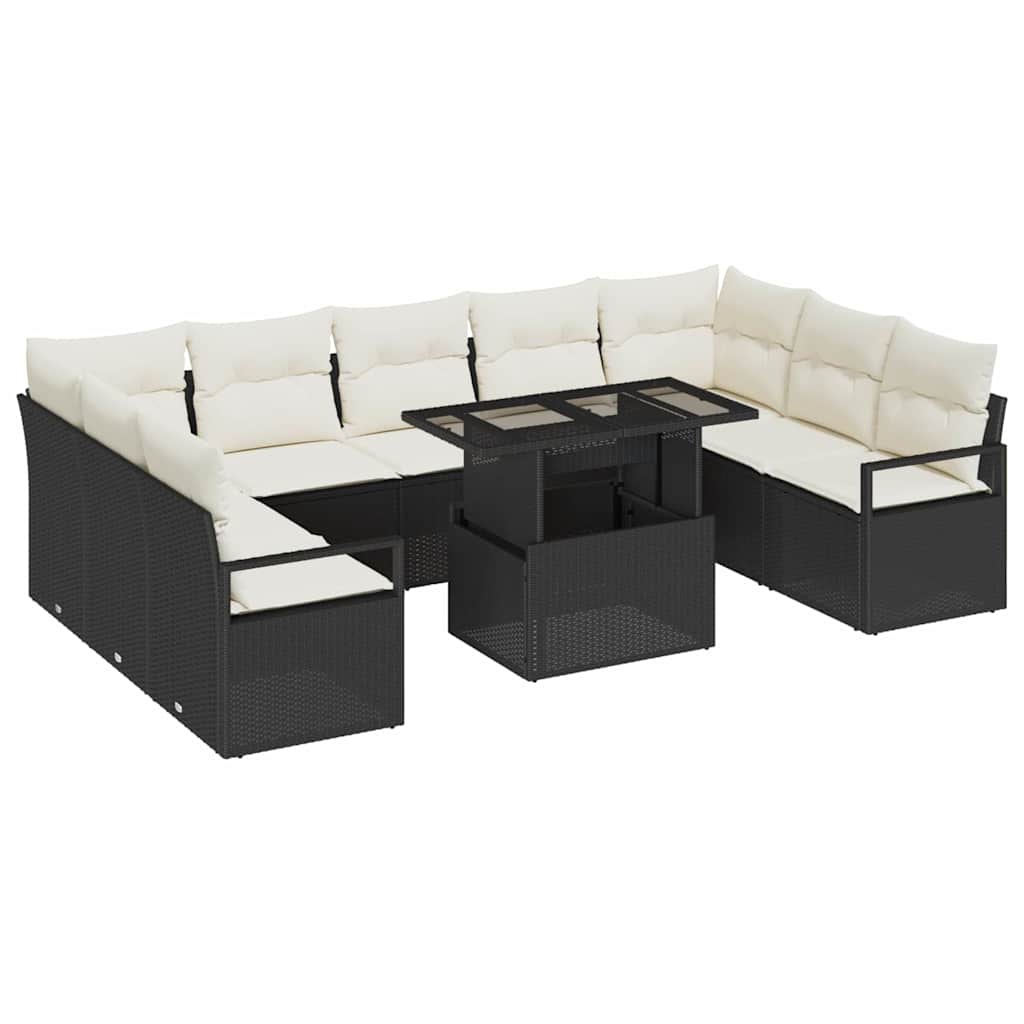Garten-Sofa-Set mit Kissen 10 pcs Schwarz und Creme Poly-Rattan