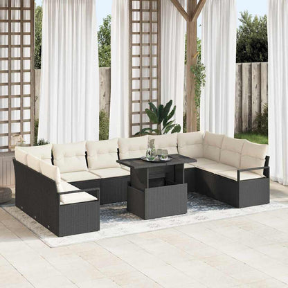 Garten-Sofa-Set mit Kissen 11 pcs Schwarz und Creme Poly-Rattan