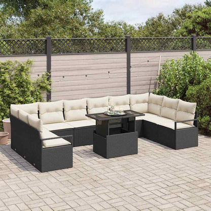 Garten-Sofa-Set mit Kissen 11 pcs Schwarz und Creme Poly-Rattan