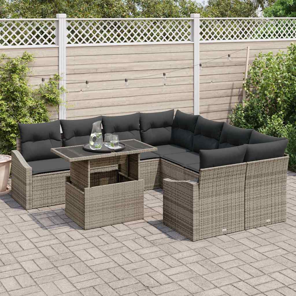 Gartensofa-set mit Kissen 9 pcs Grau Poly-Rattan