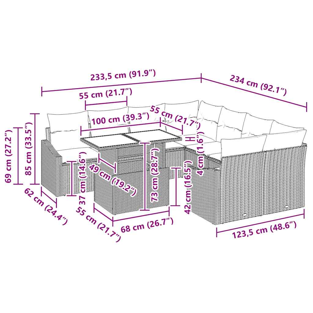 Gartensofa-set mit Kissen 9 pcs Grau Poly-Rattan