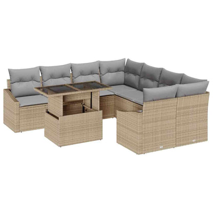 Gartensofa-set mit Kissen 9 pcs Beige und Hellgrau Poly-Rattan
