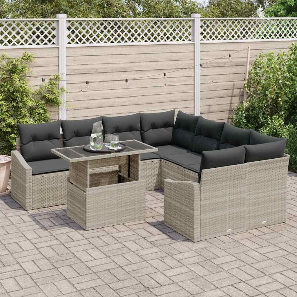 Gartensofa-set mit Kissen 9 pcs Hellgrau Poly-Rattan