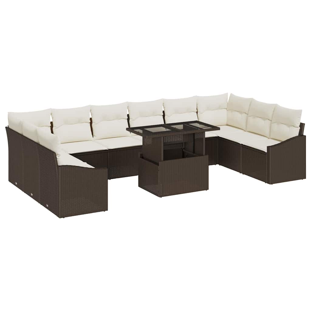 Sofa Set mit Kissen 11 pcs Braun und Creme Poly-Rattan