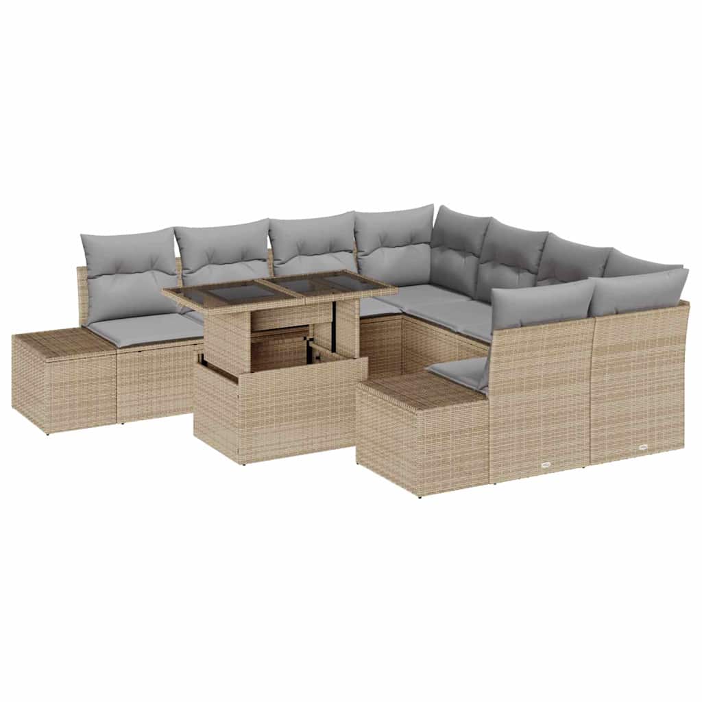 Gartensofa-set mit Kissen 9 pcs Beige und Hellgrau Poly-Rattan