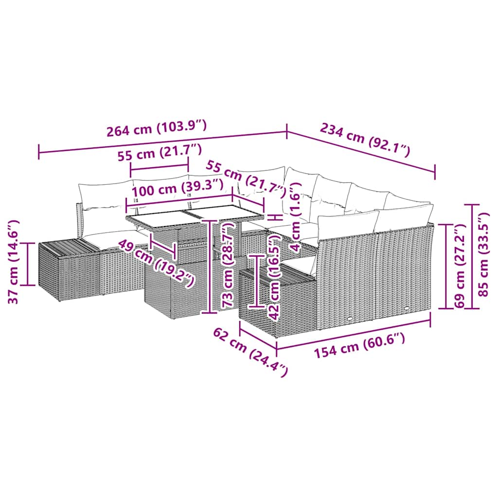 Gartensofa-set mit Kissen 9 pcs Beige und Hellgrau Poly-Rattan