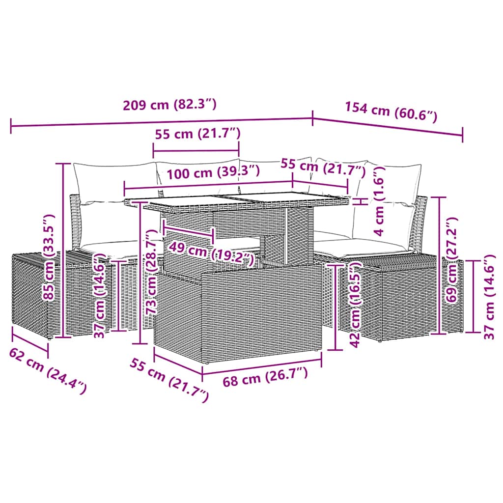 Gartensofa-set mit Kissen 5 pcs Braun und Creme Poly-Rattan