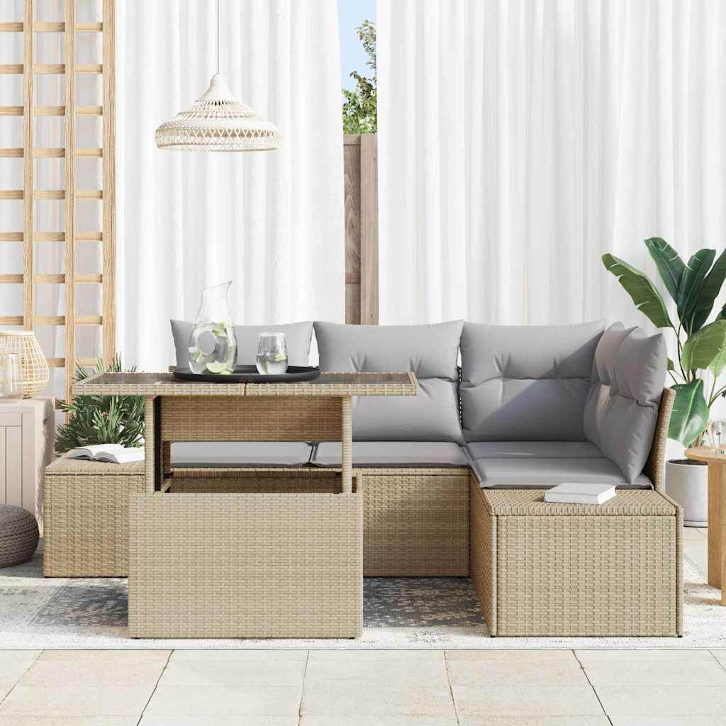 Gartensofa-set mit Kissen 5 pcs Beige und Hellgrau Poly-Rattan