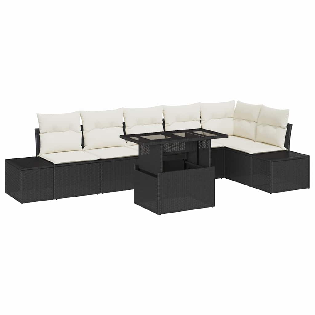 Garten-Sofa-Set mit Kissen mit Speicher 7 pcs Schwarz und Creme