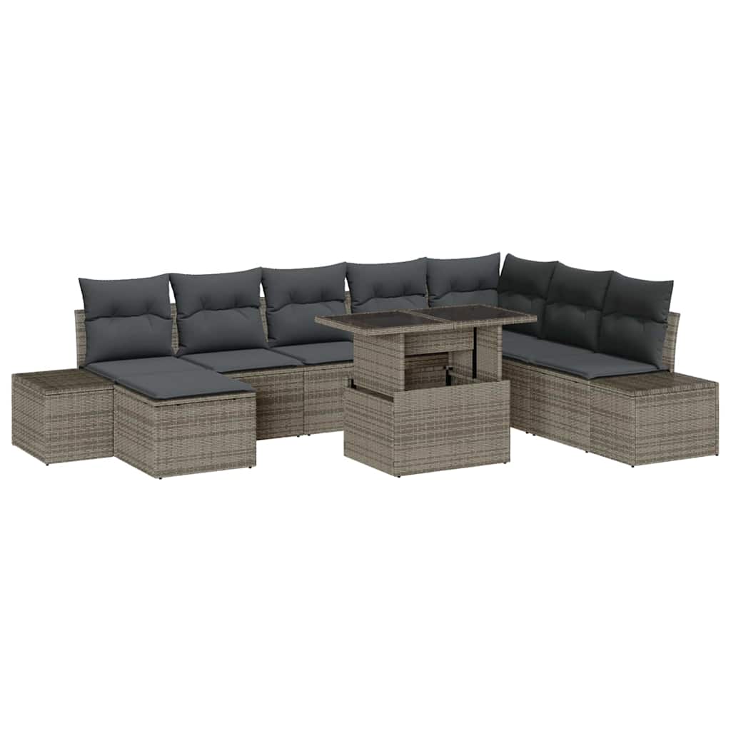 Gartensofa-set mit Kissen mit Speicher 9 pcs Grau Poly-Rattan
