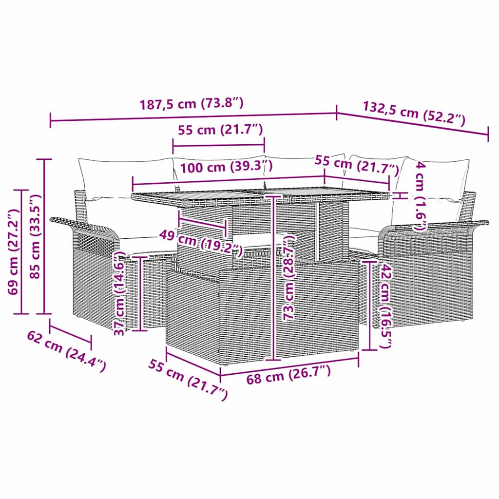Garten-Sofa-Set mit Kissen 5 pcs Grau