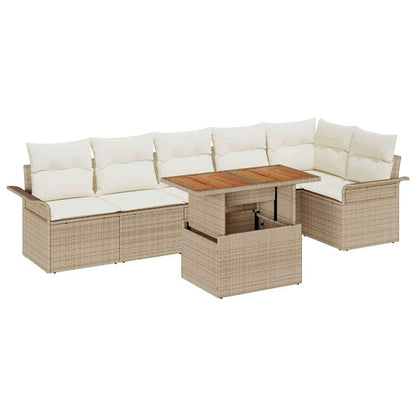 Gartensofa-set mit Kissen 7 pcs Beige und Creme Poly-Rattan