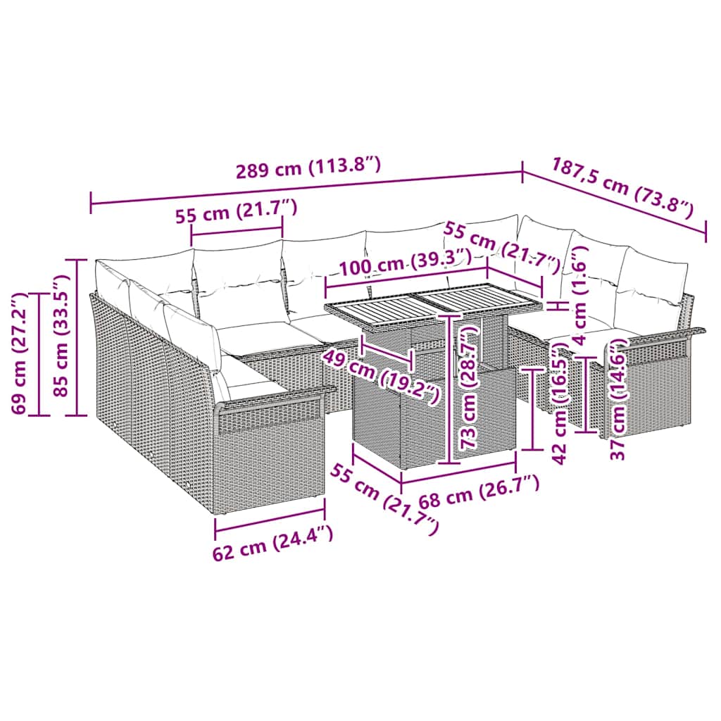 Garten-Sofa-Set mit Kissen 10 pcs Grau