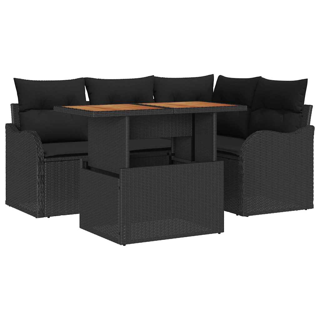 Gartensofa-set mit Kissen 5 pcs Schwarz Poly-Rattan