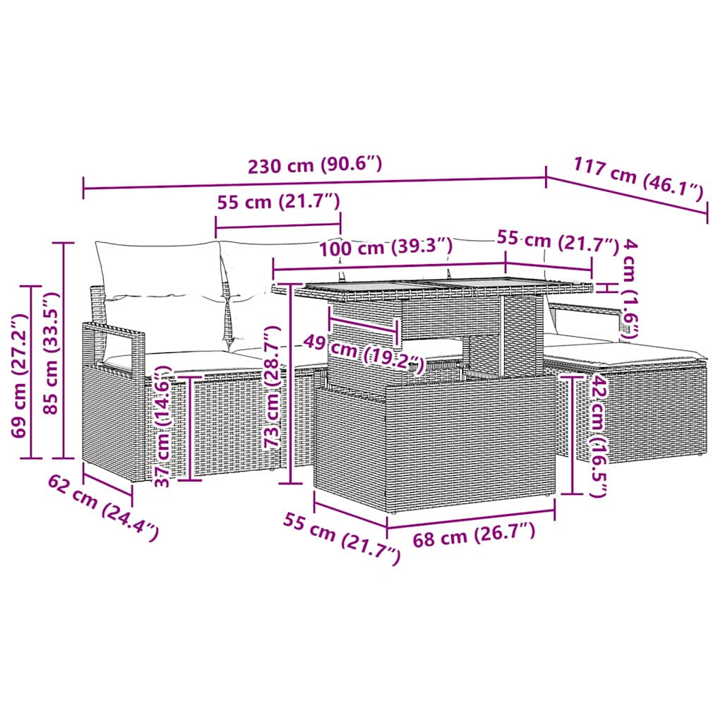 Garten Essgruppe mit Kissen 6 pcs Grau und Braun