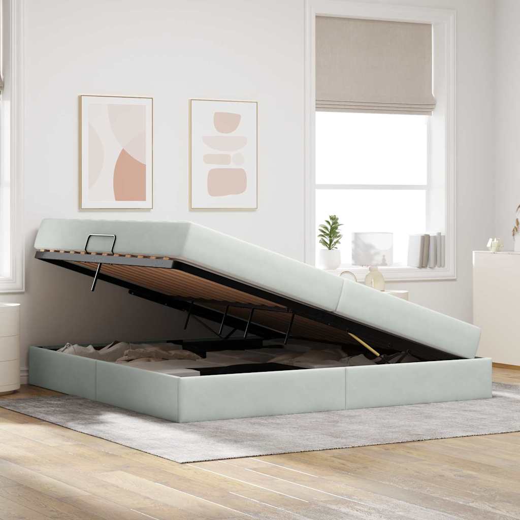 Aufbewahrungsbett mit Matratze Hellgrau 200 x 200 cm Samt