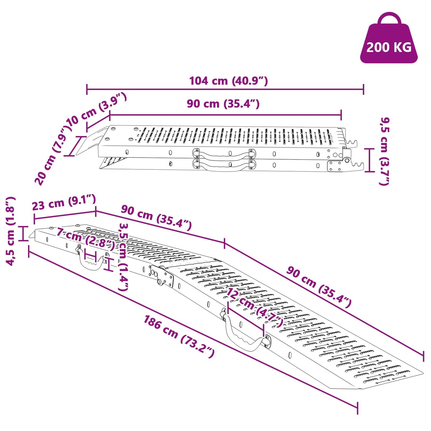 Faltbare Rampe 200kg pro Rampe Silber 186 x 23 x 4,5 cm