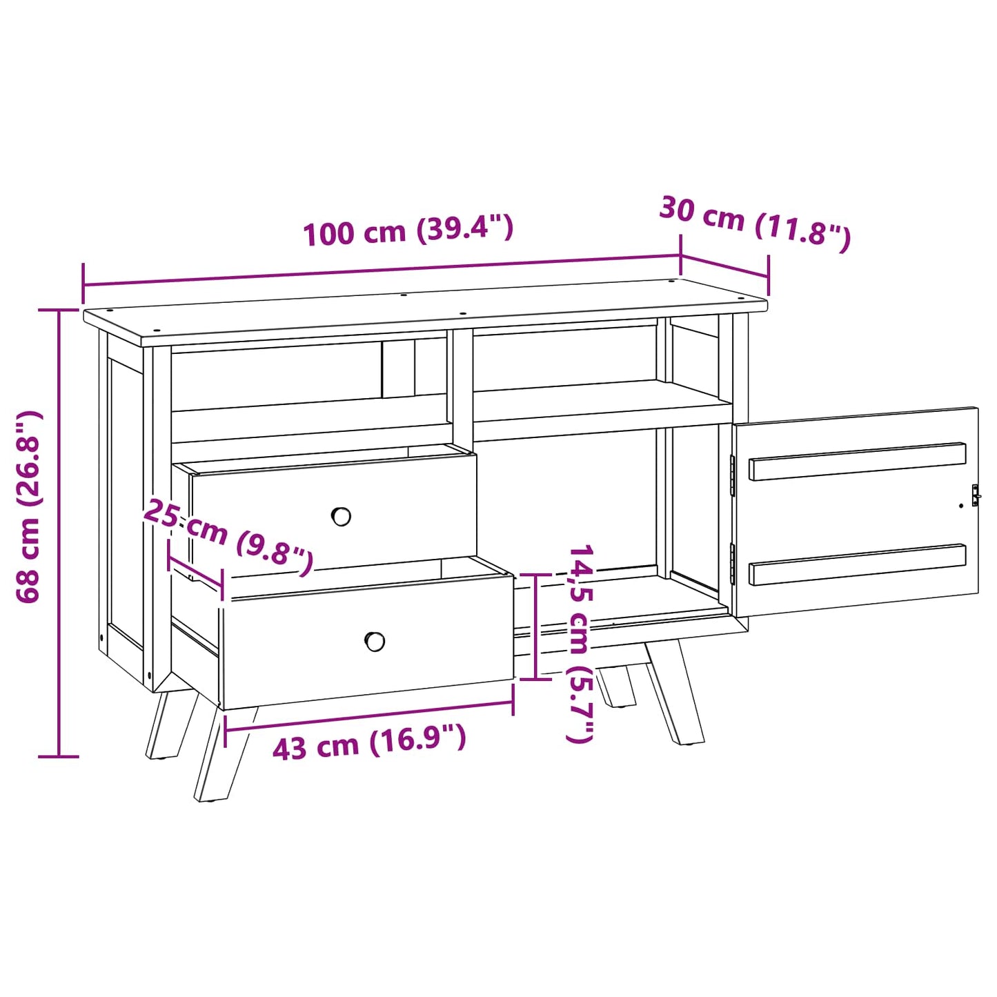 Sideboard mit Schubladen Natur 100 x 30 x 68 cm Massivholz Teak