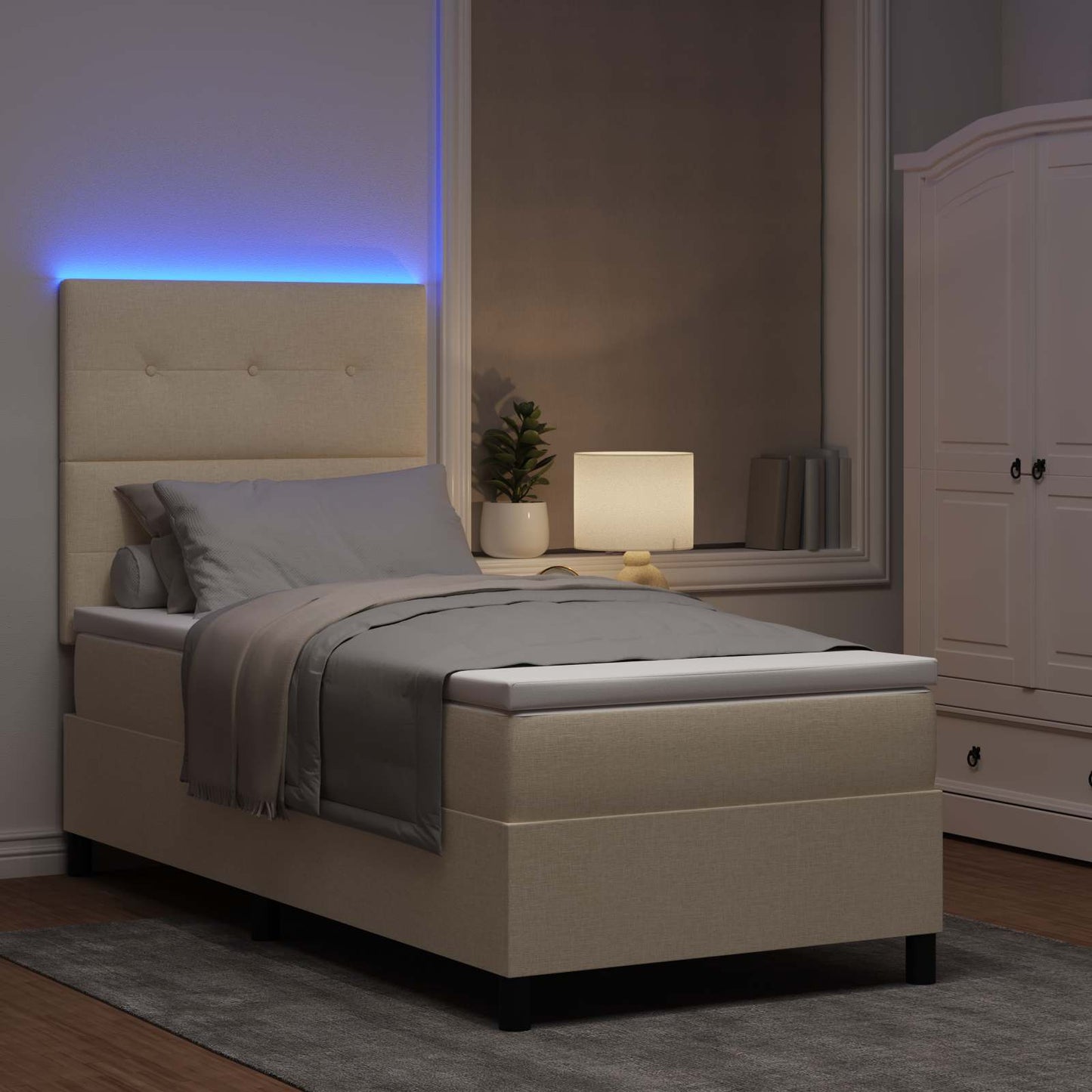 Boxspringbett mit Matratze mit LED Creme 90 x 190 cm Stoff