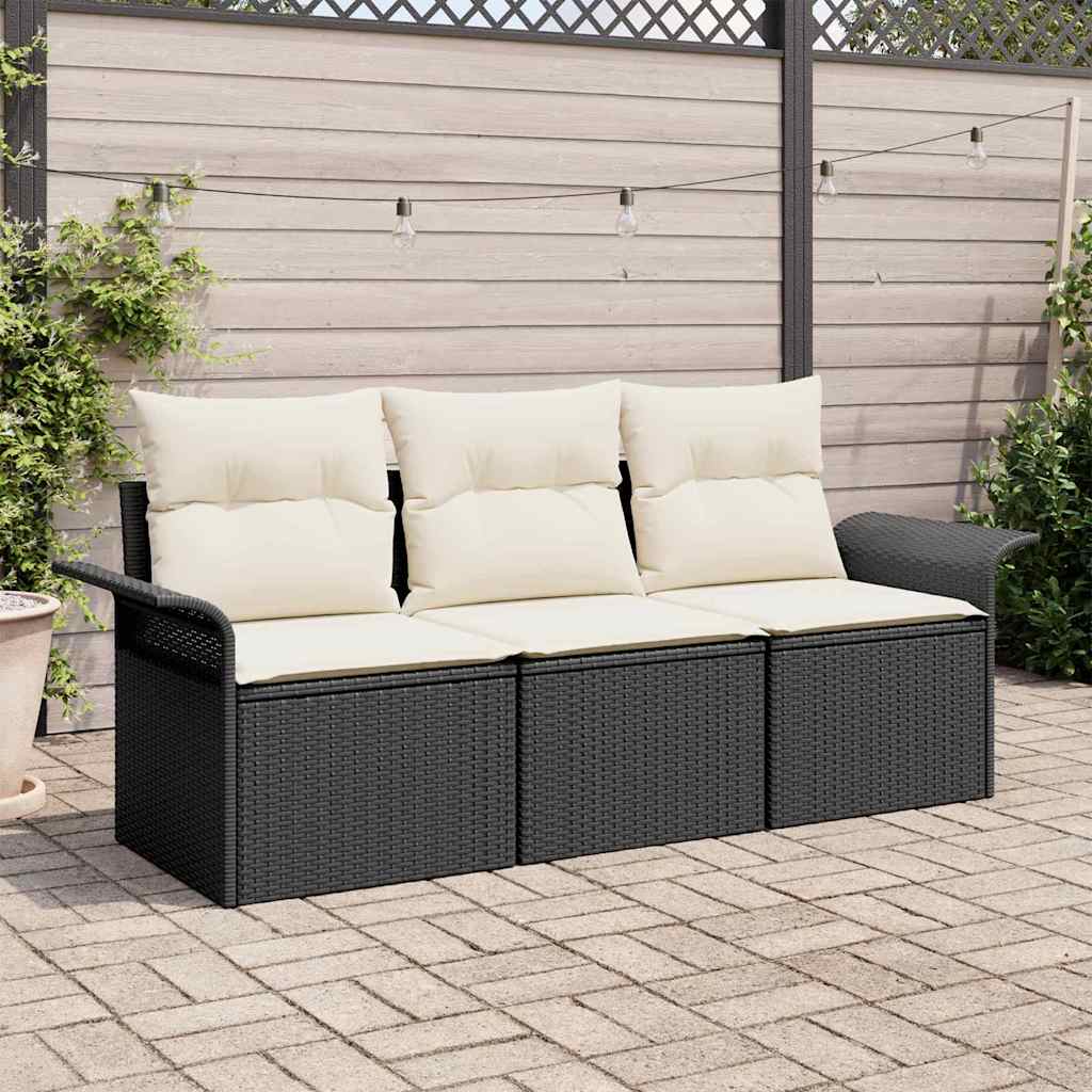 Garten-Sofa-Set mit Kissen 3 pcs Schwarz Poly Rattan