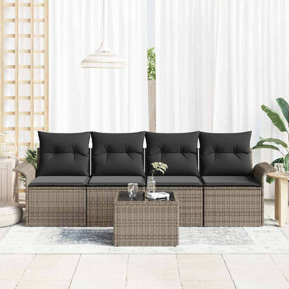 Gartensofa-set mit Kissen mit Speicher 5 pcs Grau Poly-Rattan