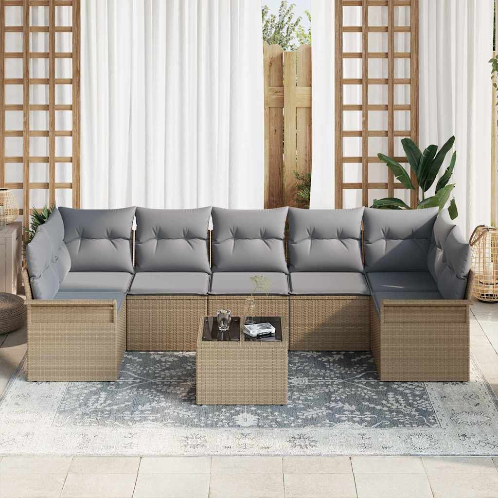 Gartensofa-set mit Kissen 8 pcs Beige und Grau Poly-Rattan