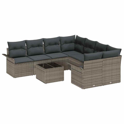 Gartensofa-set mit Kissen mit Speicher 9 pcs Grau Poly-Rattan