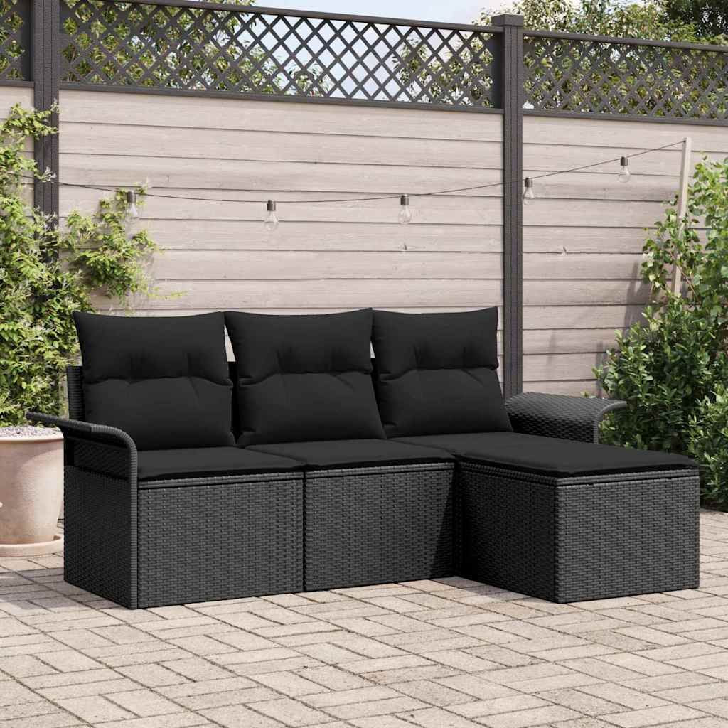 Garten-Sofa-Set mit Kissen 4 pcs Schwarz Poly Rattan
