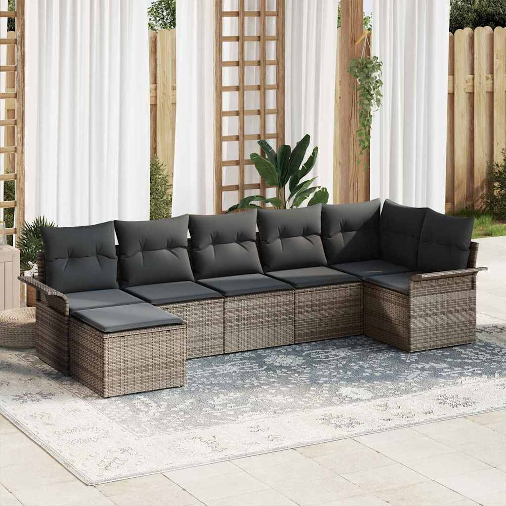 Garten-Sofa-Set mit Kissen mit Speicher 7 pcs Grau Poly Rattan