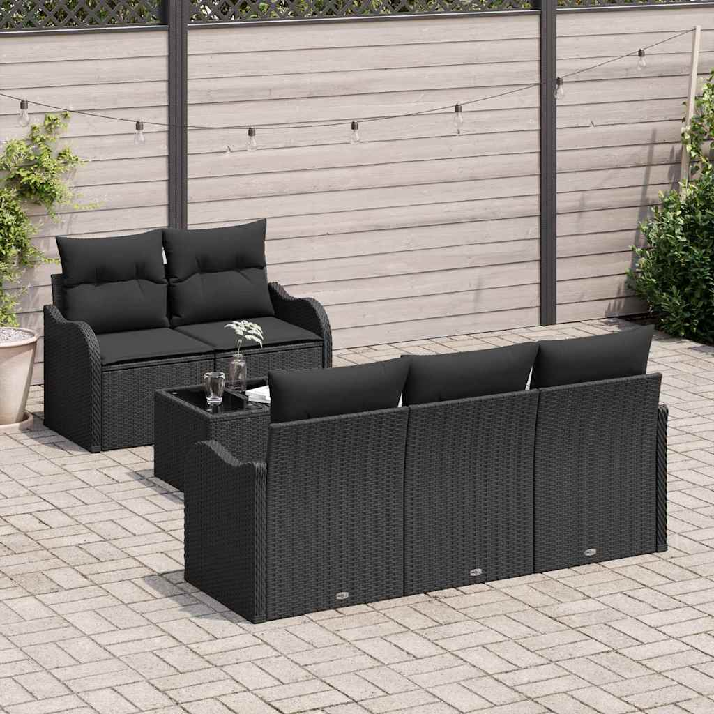 Garten-Sofa-Set 6 pcs Schwarz Poly-Rattan und Stahl und Glas