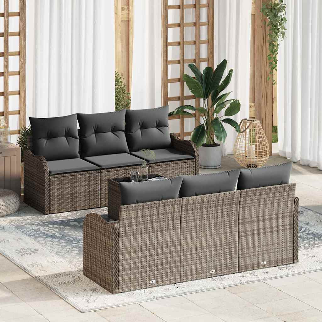 Garten-Sofa-Set 7 pcs Grau Poly-Rattan und Stahl und Glas