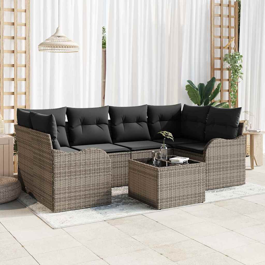Garten-Sofa-Set 7 pcs Grau Poly-Rattan und Stahl und Glas