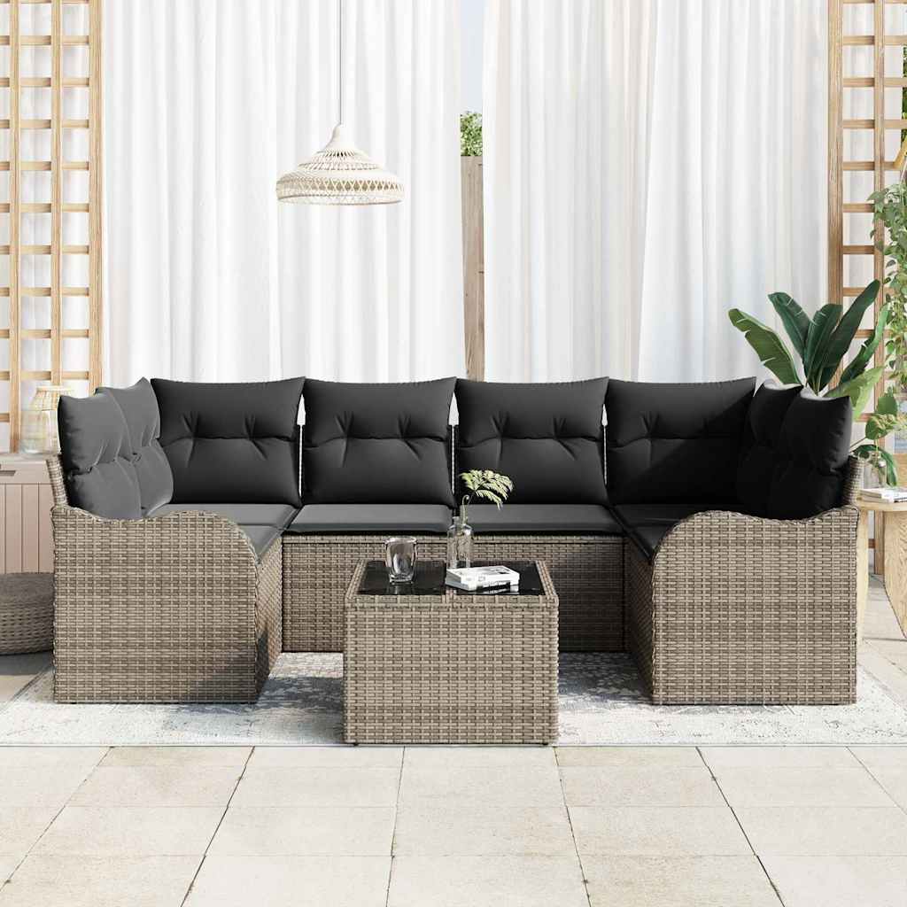 Garten-Sofa-Set 7 pcs Grau Poly-Rattan und Stahl und Glas