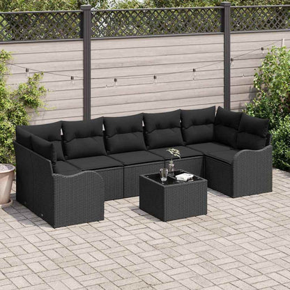 Garten-Sofa-Set 8 pcs Schwarz Poly-Rattan und Stahl und Glas