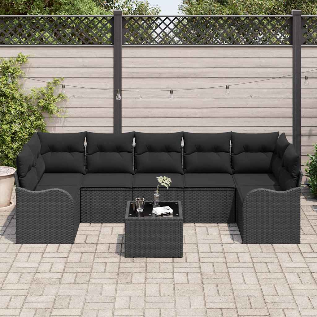 Garten-Sofa-Set 8 pcs Schwarz Poly-Rattan und Stahl und Glas