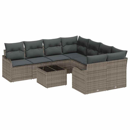 Gartensofa-set 9 pcs Grau Poly-Rattan und Stahl und Glas