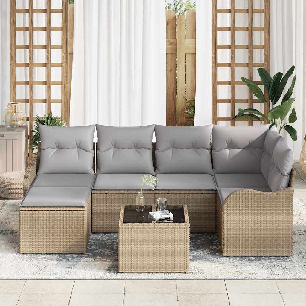 Garten-Sofa-Set mit Kissen 7 pcs Beige und Hellgrau Poly Rattan