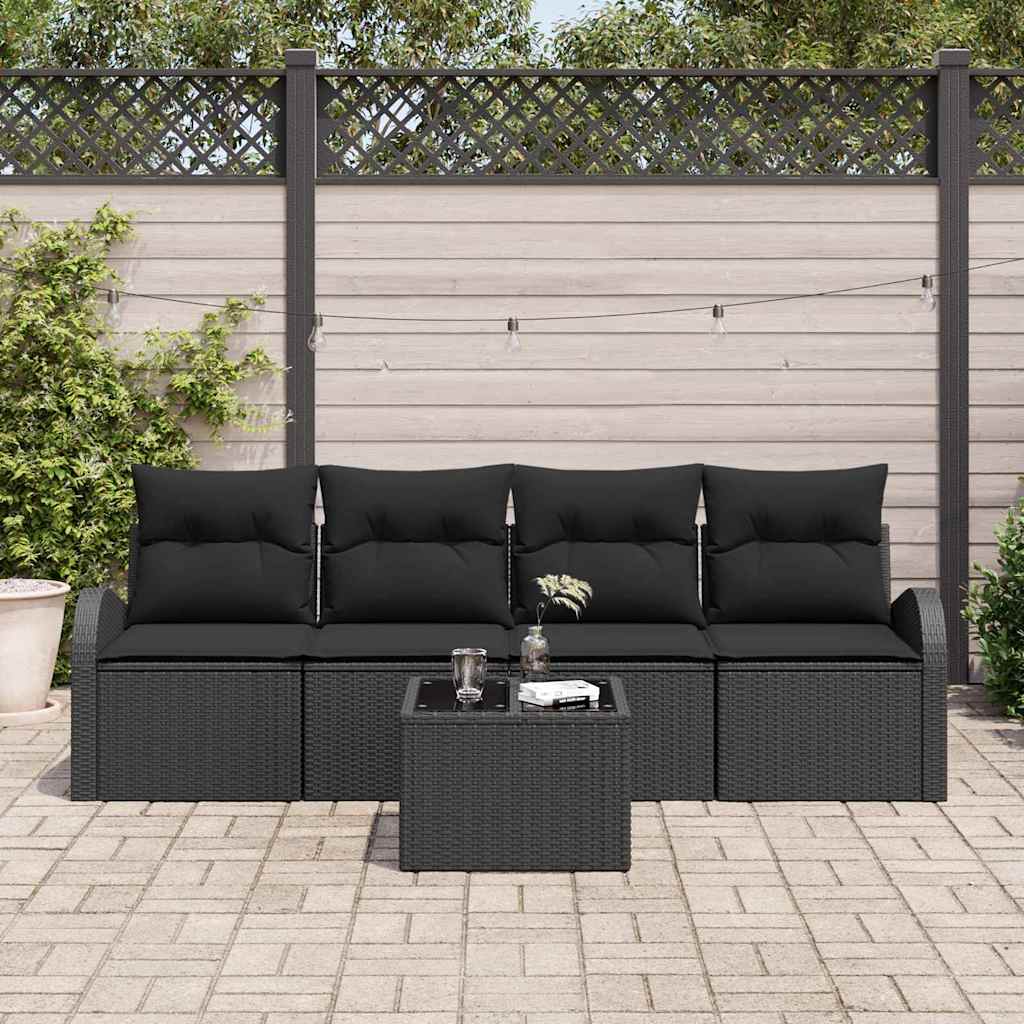 Garten-Sofa-Set 5 pcs Schwarz Poly-Rattan und Stahl und Glas