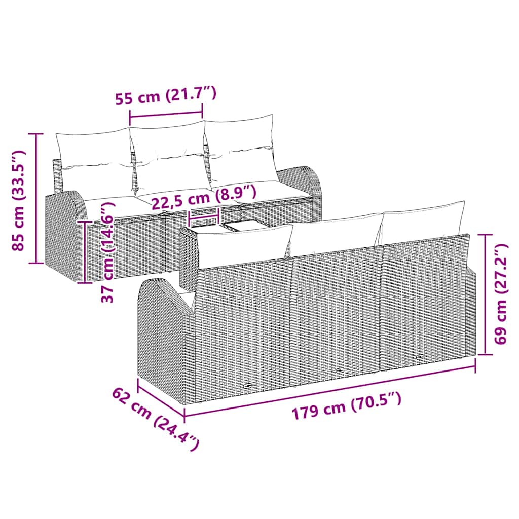 Garten-Sofa-Set 7 pcs Schwarz Poly-Rattan und Stahl und Glas
