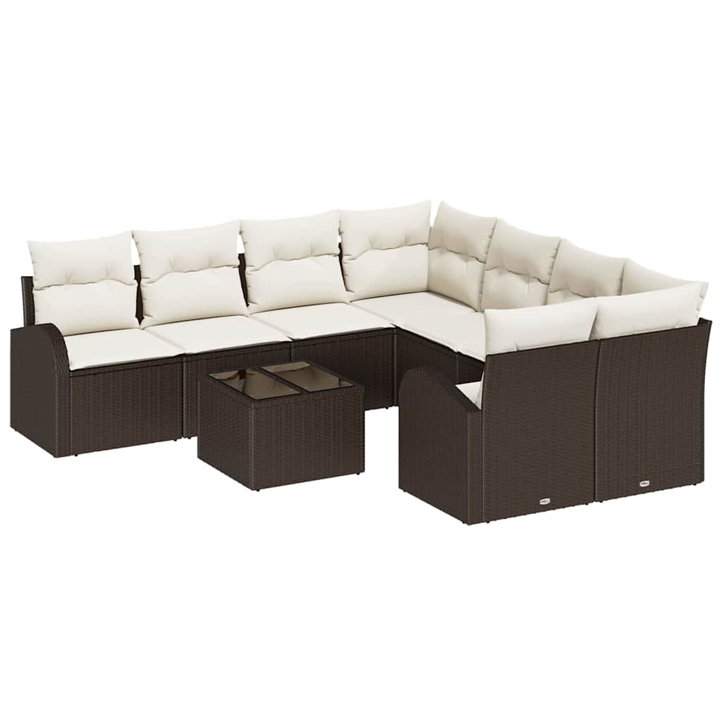 Sofa Set mit Kissen 9 pcs Braun und Creme Poly-Rattan
